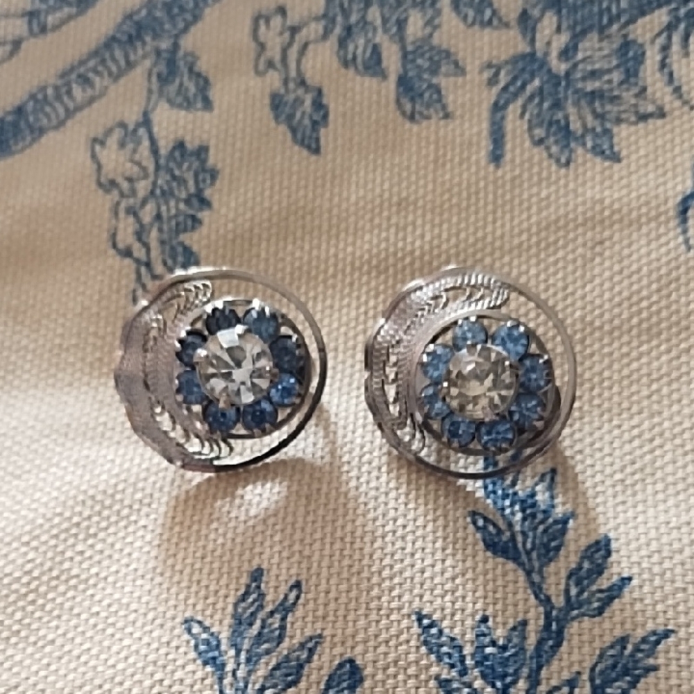 Vintage Star Art Sterling Silver Filigree Rhinestone Earrings